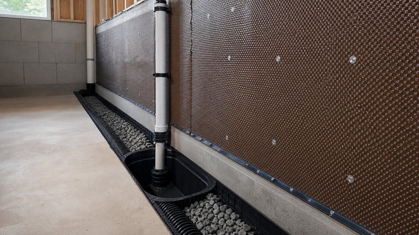 Basement waterproofing and foundation drainage installation detail