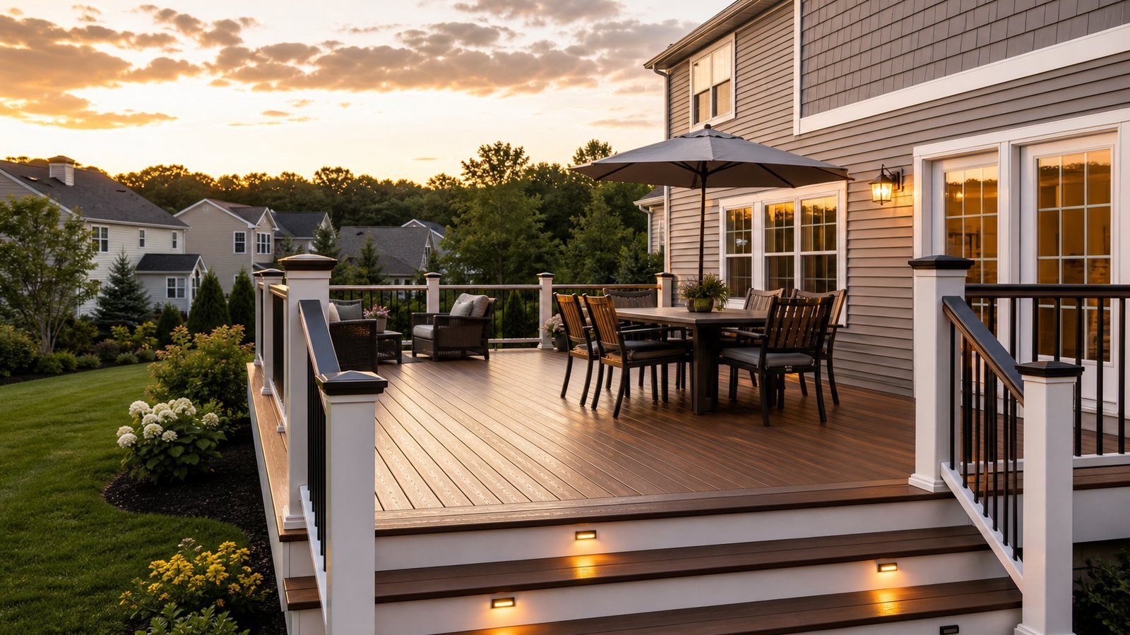 Residential deck construction with premium railing and outdoor dining area