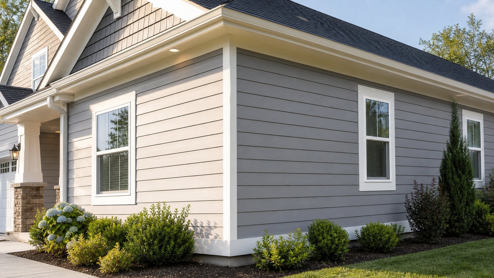 Clean residential siding installation with modern exterior trim