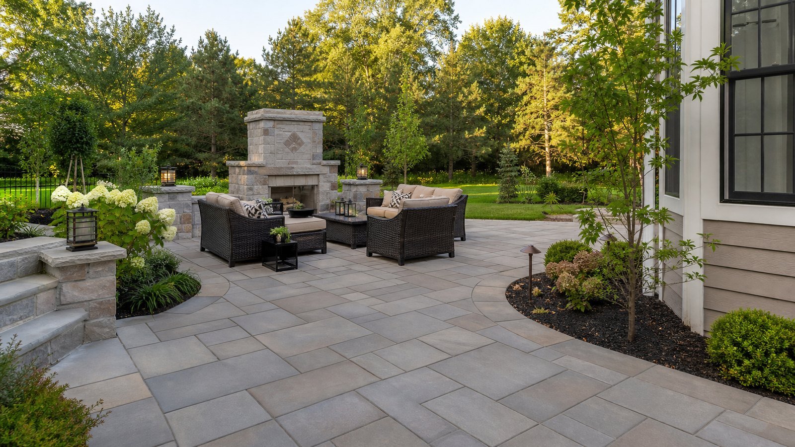 Stone patio and outdoor living space with seating and landscaping